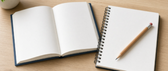 Открытая книга, чистый лист и карандаш