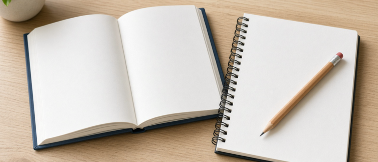Открытая книга, чистый лист и карандаш